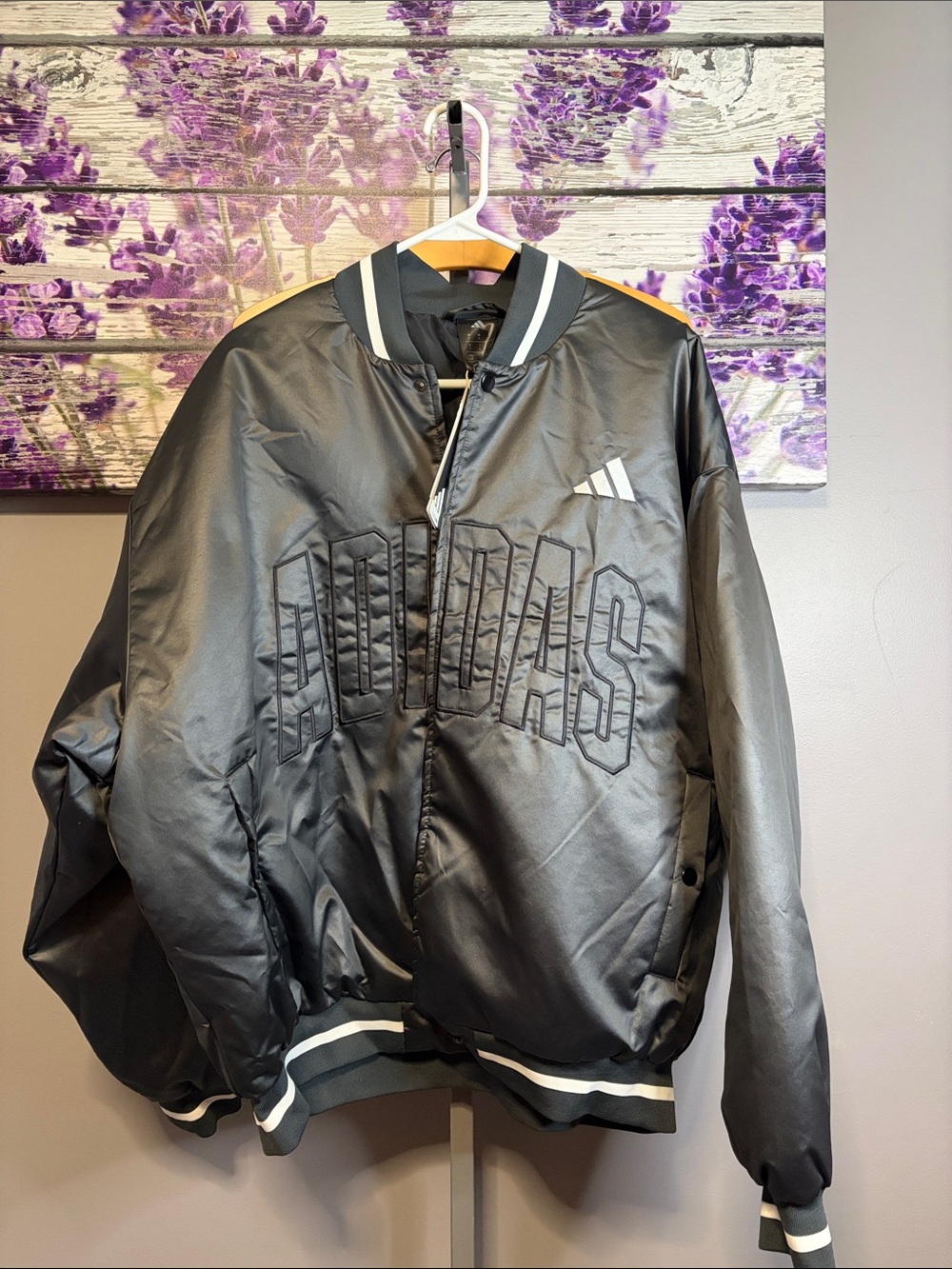 Men’s Adidas Stadium Insulated Black Satin Bomber Jacket with Embroidered Logo